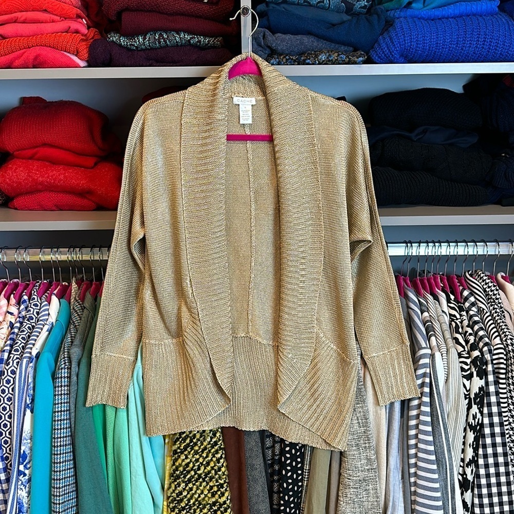 Cache gold with metallic threads long sleeve open front cardigan size XS